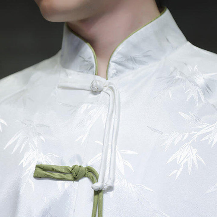Camisa de algodón para hombre con traje Tang de manga tres cuartos y botones de rana de bambú y jacquard con Buddha Stones - image 15