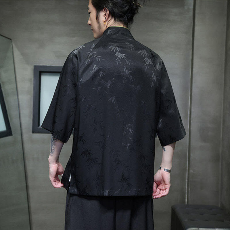 Camisa de algodón para hombre con traje Tang de manga tres cuartos y botones de rana de bambú y jacquard con Buddha Stones - image 5