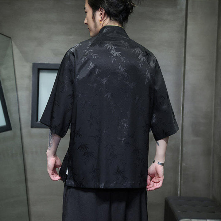Camisa de algodón para hombre con traje Tang de manga tres cuartos y botones de rana de bambú y jacquard con Buddha Stones - image 5