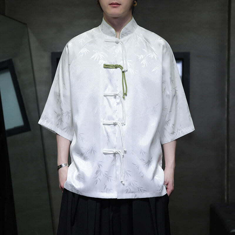 Camisa de algodón para hombre con traje Tang de manga tres cuartos y botones de rana de bambú y jacquard con Buddha Stones - Blanco - US/UK/AU46, EU56 (5XL) - image 7