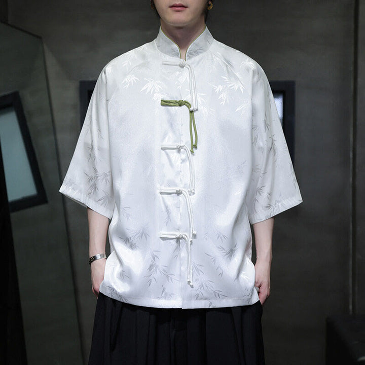 Camisa de algodón para hombre con traje Tang de manga tres cuartos y botones de rana de bambú y jacquard con Buddha Stones - Blanco - US/UK/AU46, EU56 (5XL) - image 7