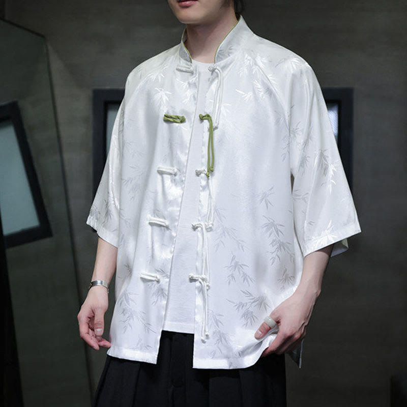 Camisa de algodón para hombre con traje Tang de manga tres cuartos y botones de rana de bambú y jacquard con Buddha Stones - image 9
