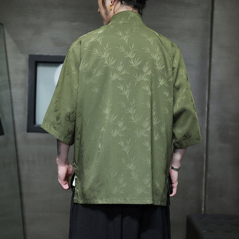 Camisa de algodón para hombre con traje Tang de manga tres cuartos y botones de rana de bambú y jacquard con Buddha Stones - image 20