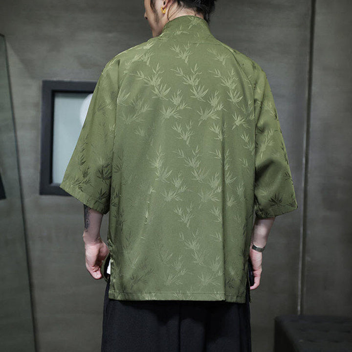 Camisa de algodón para hombre con traje Tang de manga tres cuartos y botones de rana de bambú y jacquard con Buddha Stones - image 20