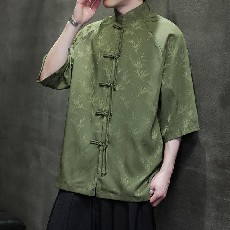 Camisa de algodón para hombre con traje Tang de manga tres cuartos y botones de rana de bambú y jacquard con Buddha Stones - image 21