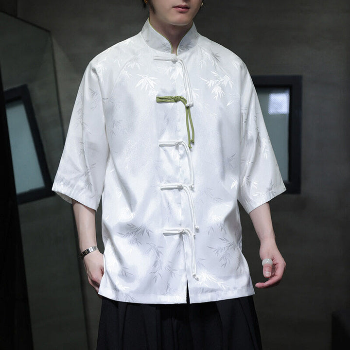 Camisa de algodón para hombre con traje Tang de manga tres cuartos y botones de rana de bambú y jacquard con Buddha Stones - image 12