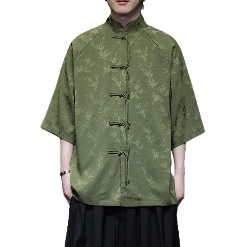 Camisa de algodón para hombre con traje Tang de manga tres cuartos y botones de rana de bambú y jacquard con Buddha Stones - image 26