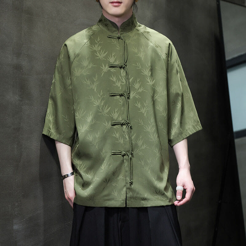 Camisa de algodón para hombre con traje Tang de manga tres cuartos y botones de rana de bambú y jacquard con Buddha Stones - Verde oliva - US/UK/AU46, EU56 (5XL) - image 18