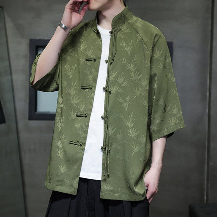 Camisa de algodón para hombre con traje Tang de manga tres cuartos y botones de rana de bambú y jacquard con Buddha Stones - image 23
