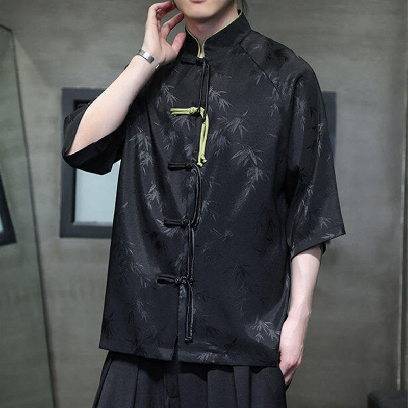 Camisa de algodón para hombre con traje Tang de manga tres cuartos y botones de rana de bambú y jacquard con Buddha Stones - image 4