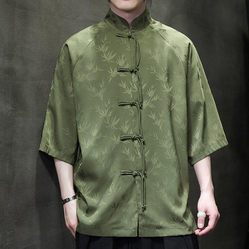 Camisa de algodón para hombre con traje Tang de manga tres cuartos y botones de rana de bambú y jacquard con Buddha Stones - image 22