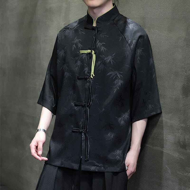 Camisa de algodón para hombre con traje Tang de manga tres cuartos y botones de rana de bambú y jacquard con Buddha Stones - image 3