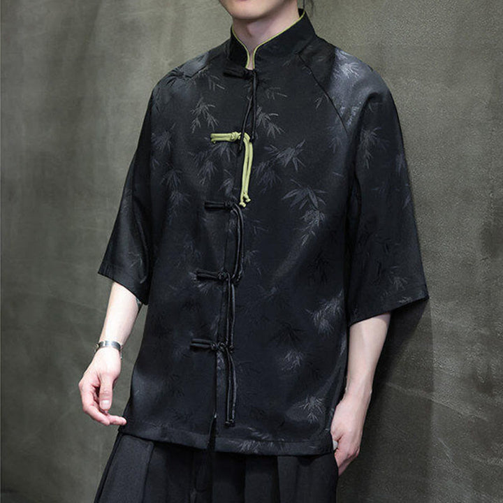Camisa de algodón para hombre con traje Tang de manga tres cuartos y botones de rana de bambú y jacquard con Buddha Stones - image 3