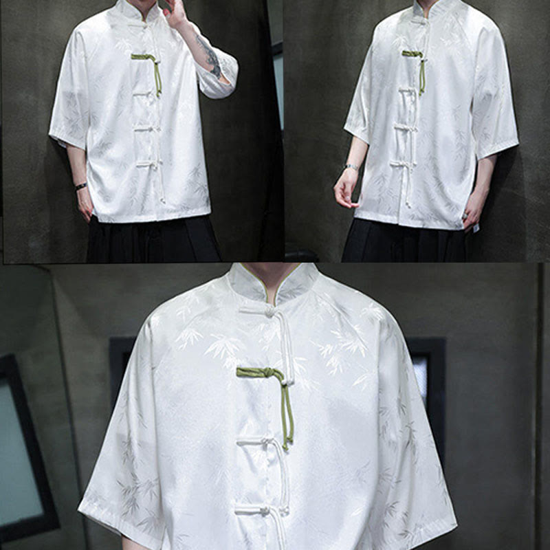 Camisa de algodón para hombre con traje Tang de manga tres cuartos y botones de rana de bambú y jacquard con Buddha Stones - image 14