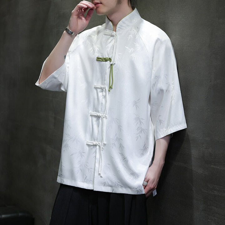 Camisa de algodón para hombre con traje Tang de manga tres cuartos y botones de rana de bambú y jacquard con Buddha Stones - image 8