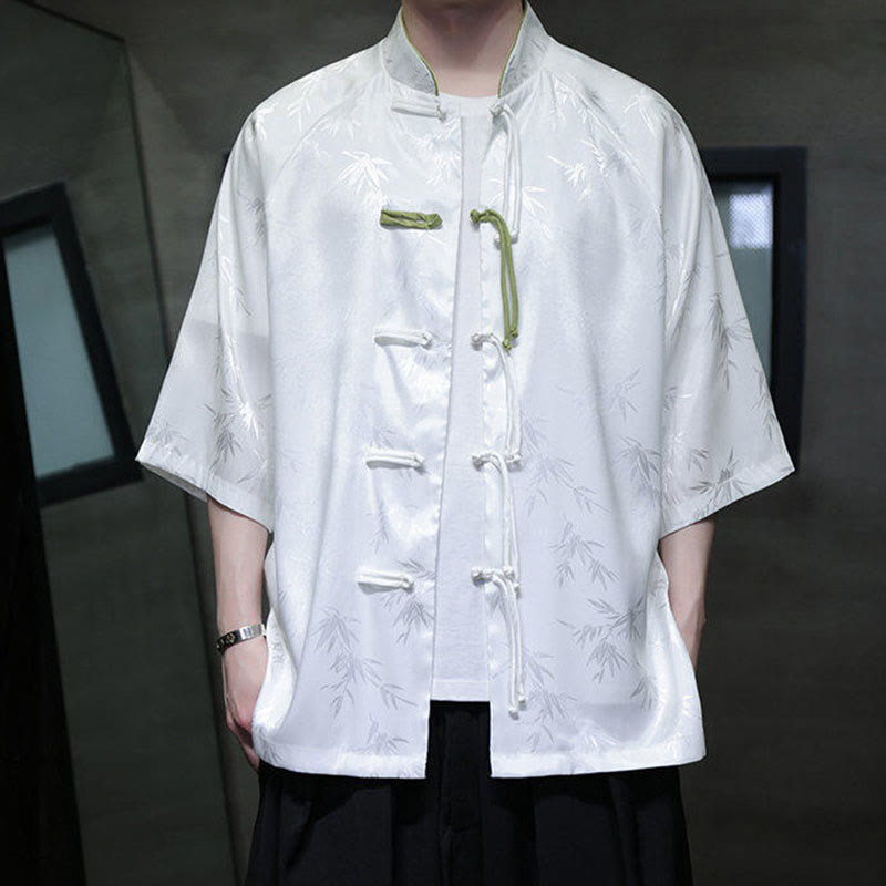 Camisa de algodón para hombre con traje Tang de manga tres cuartos y botones de rana de bambú y jacquard con Buddha Stones - image 10