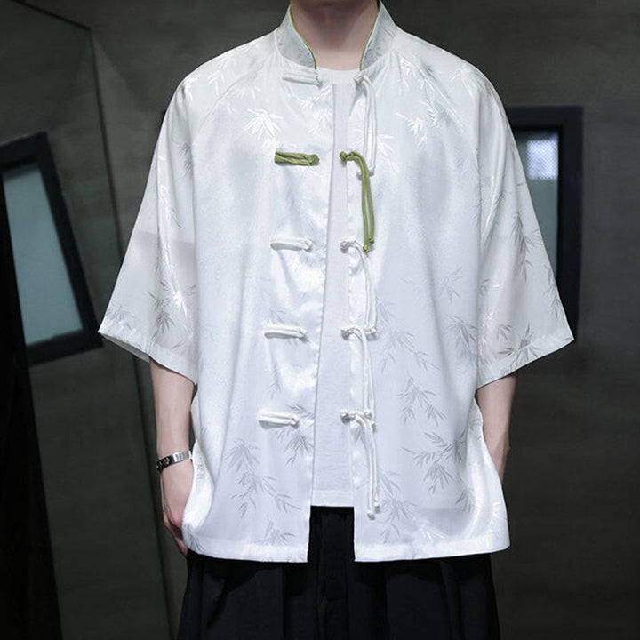 Camisa de algodón para hombre con traje Tang de manga tres cuartos y botones de rana de bambú y jacquard con Buddha Stones - image 10
