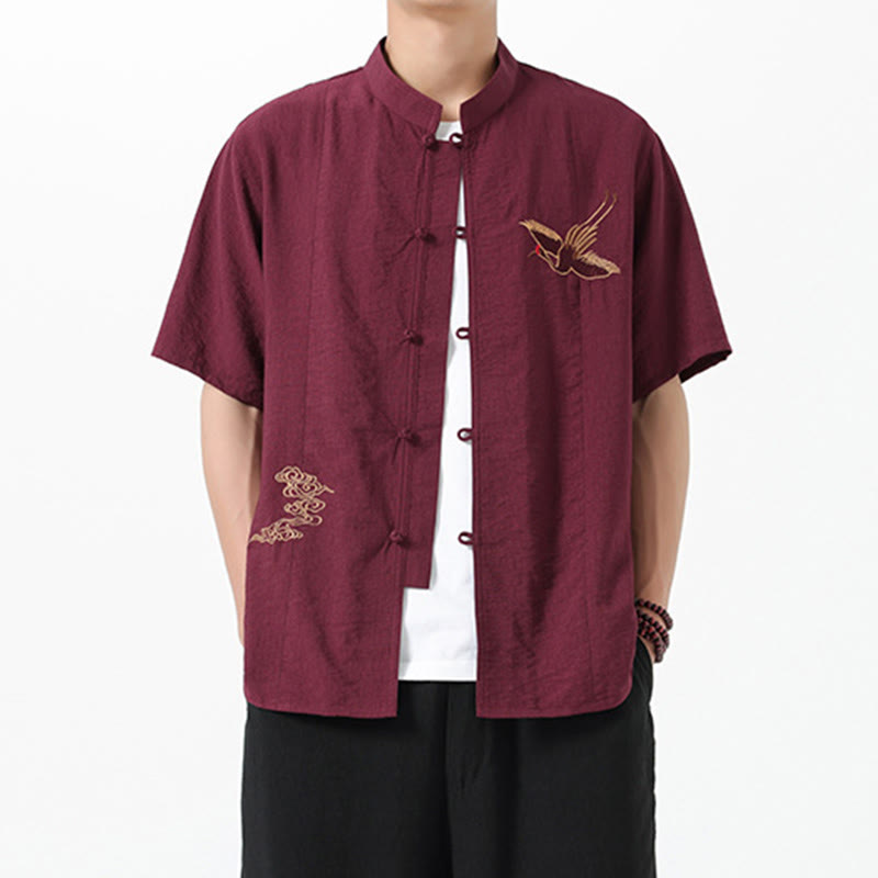 Camisa de algodón para hombre con cuello alto, media manga y botones bordados vintage con Buddha Stones - Marrón - US/UK/AU42, EU52 (3XL) - image 0
