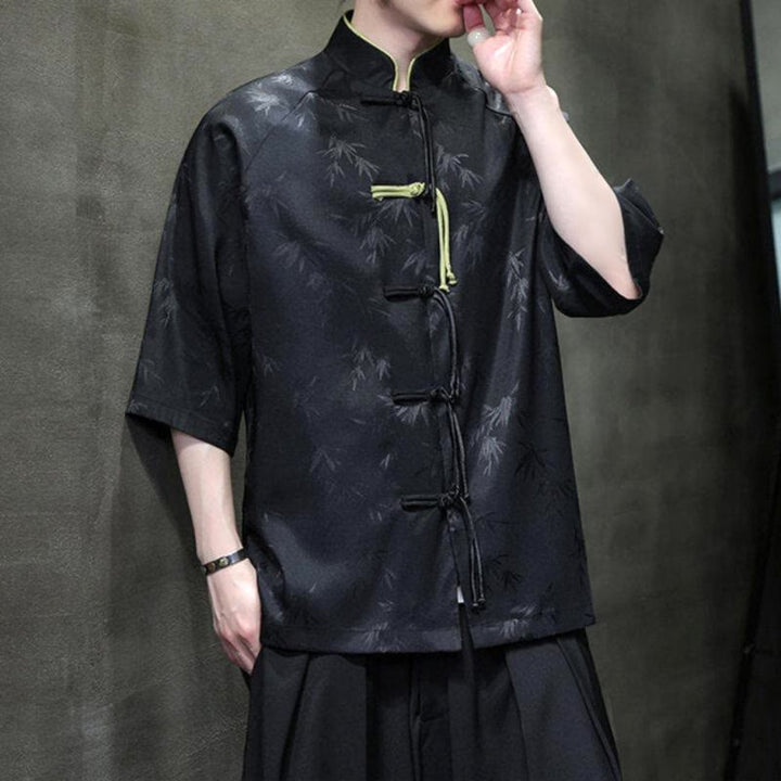 Camisa de algodón para hombre con traje Tang de manga tres cuartos y botones de rana de bambú y jacquard con Buddha Stones - image 6
