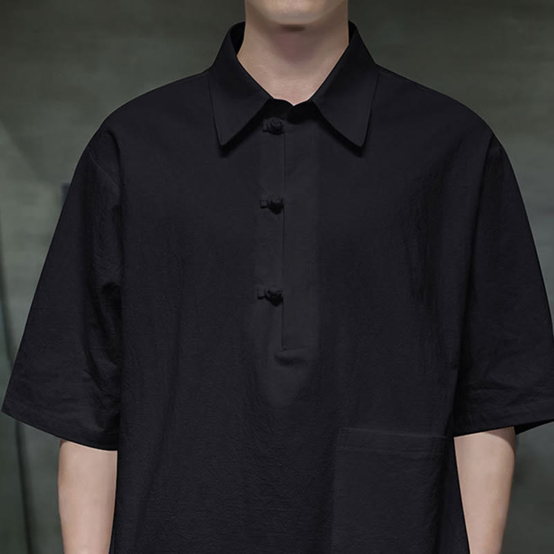 Camisa de lino y algodón de manga corta con bolsillo y diseño de media manga con botones para hombre de Buddha Stones Commute - image 16