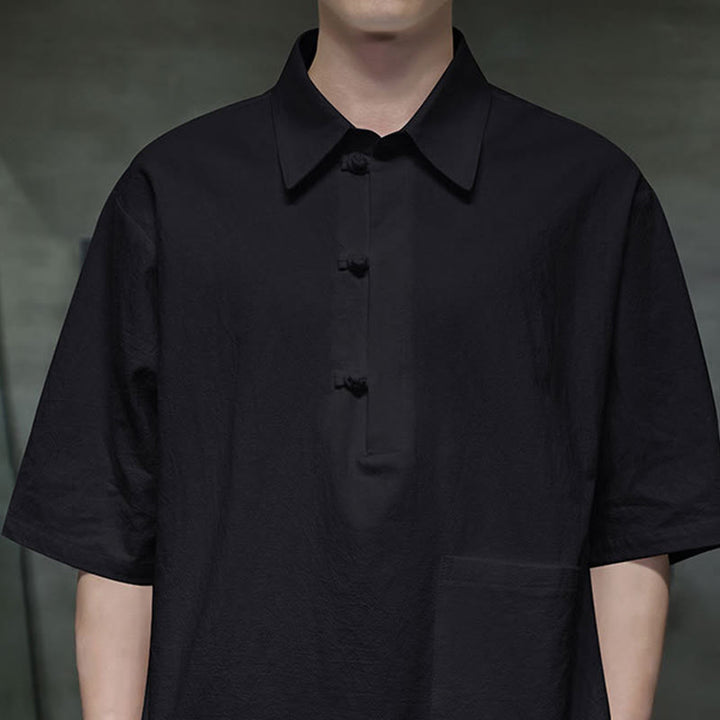 Camisa de lino y algodón de manga corta con bolsillo y diseño de media manga con botones para hombre de Buddha Stones Commute - image 16