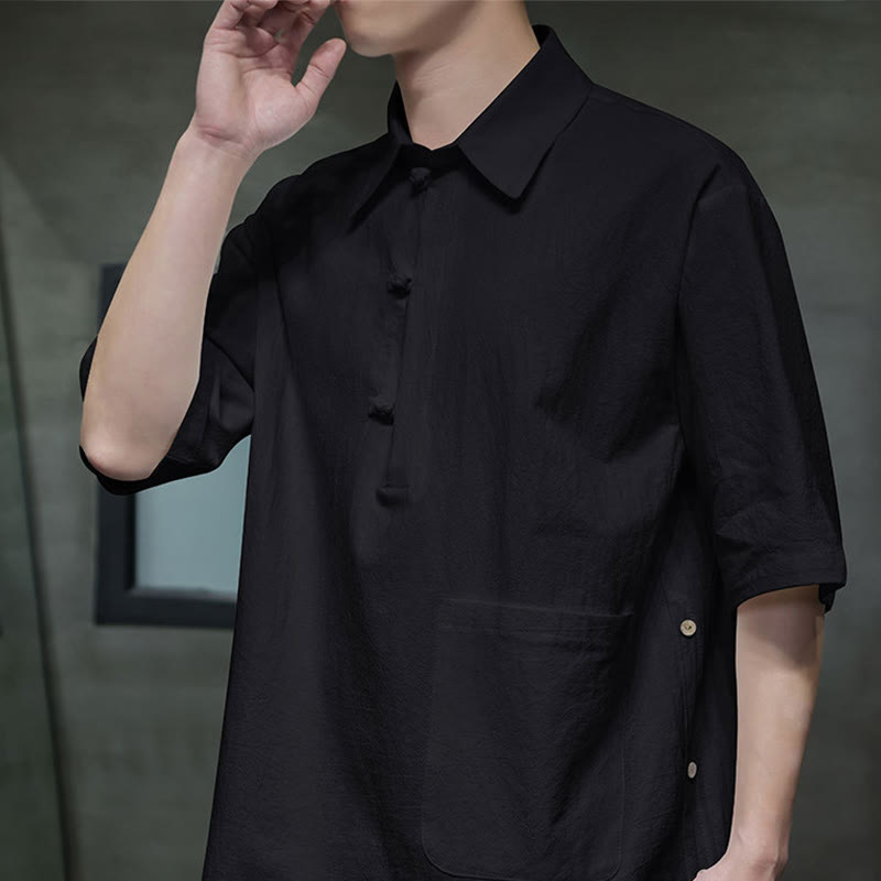 Camisa de lino y algodón de manga corta con bolsillo y diseño de media manga con botones para hombre de Buddha Stones Commute - image 14