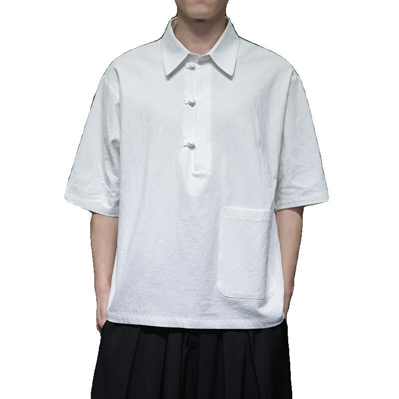 Camisa de lino y algodón de manga corta con bolsillo y diseño de media manga con botones para hombre de Buddha Stones Commute - image 11