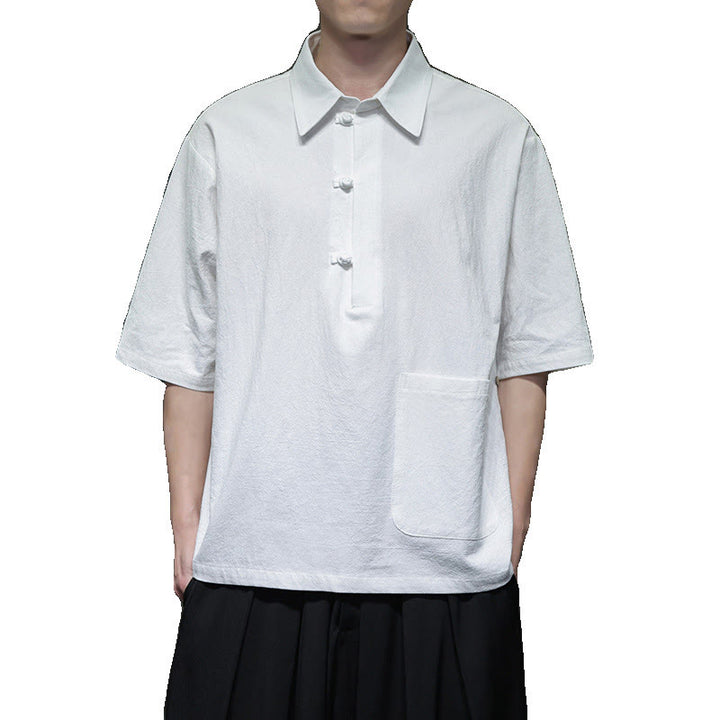 Camisa de lino y algodón de manga corta con bolsillo y diseño de media manga con botones para hombre de Buddha Stones Commute - image 11