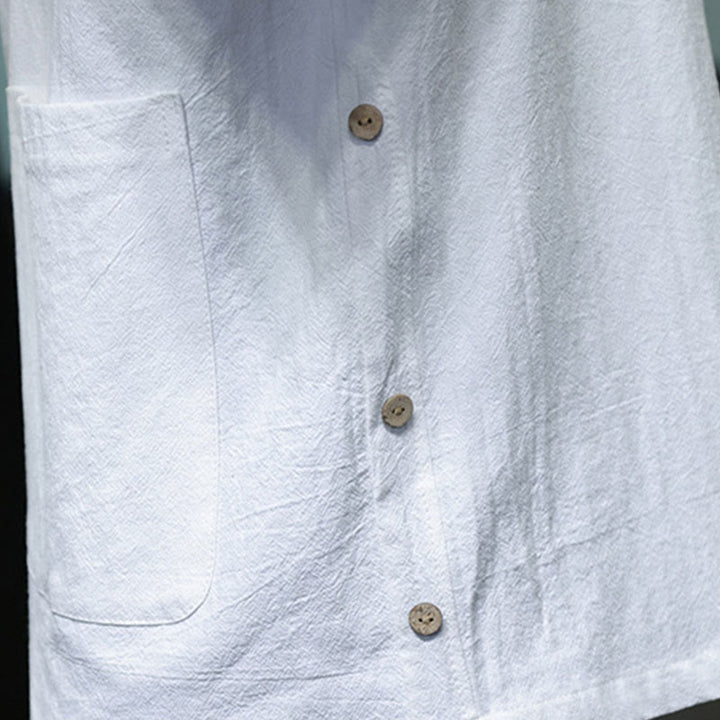 Camisa de lino y algodón de manga corta con bolsillo y diseño de media manga con botones para hombre de Buddha Stones Commute - image 9