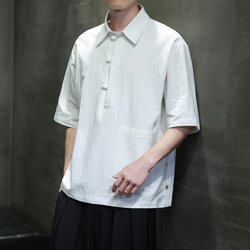 Camisa de lino y algodón de manga corta con bolsillo y diseño de media manga con botones para hombre de Buddha Stones Commute - Blanco - US/UK/AU46, EU56 (5XL) - image 1
