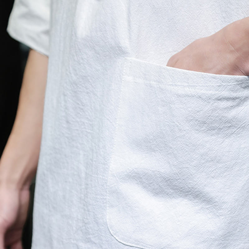 Camisa de lino y algodón de manga corta con bolsillo y diseño de media manga con botones para hombre de Buddha Stones Commute - image 10