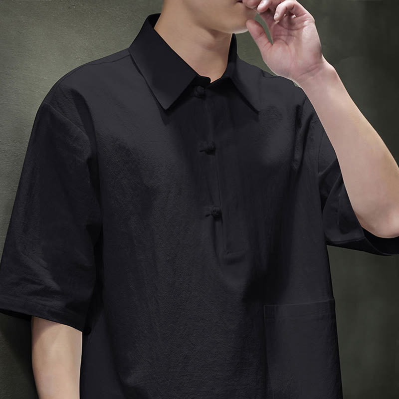 Camisa de lino y algodón de manga corta con bolsillo y diseño de media manga con botones para hombre de Buddha Stones Commute - image 17