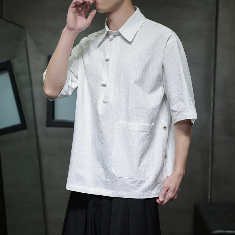 Camisa de lino y algodón de manga corta con bolsillo y diseño de media manga con botones para hombre de Buddha Stones Commute - image 2