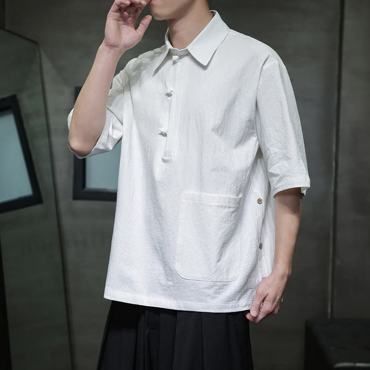 Camisa de lino y algodón de manga corta con bolsillo y diseño de media manga con botones para hombre de Buddha Stones Commute - image 2