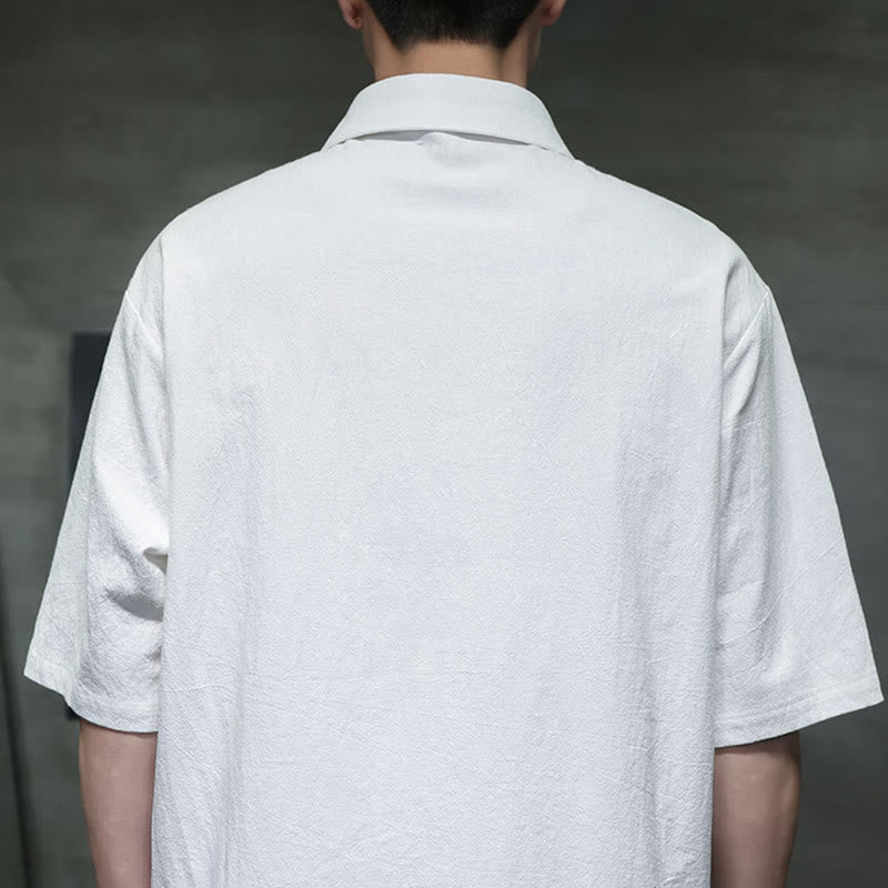 Camisa de lino y algodón de manga corta con bolsillo y diseño de media manga con botones para hombre de Buddha Stones Commute - image 5