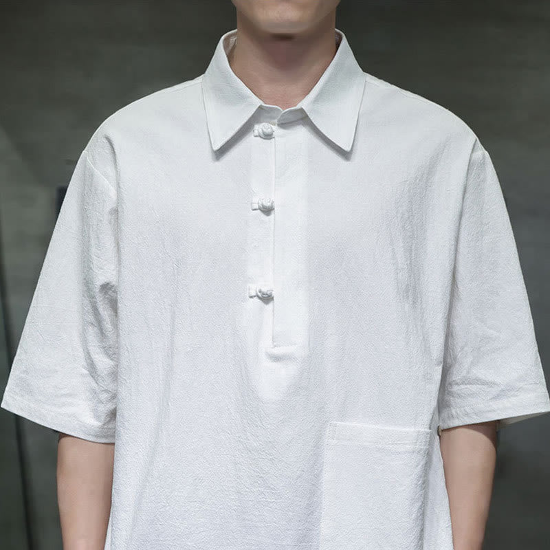 Camisa de lino y algodón de manga corta con bolsillo y diseño de media manga con botones para hombre de Buddha Stones Commute - image 4