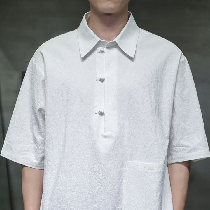 Camisa de lino y algodón de manga corta con bolsillo y diseño de media manga con botones para hombre de Buddha Stones Commute - image 4