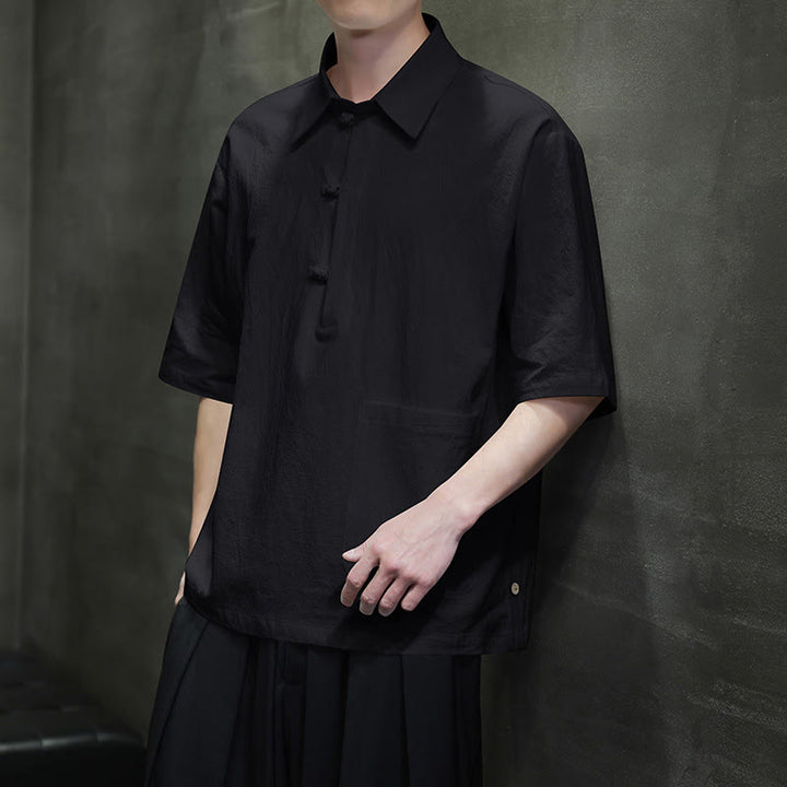 Camisa de lino y algodón de manga corta con bolsillo y diseño de media manga con botones para hombre de Buddha Stones Commute - image 13