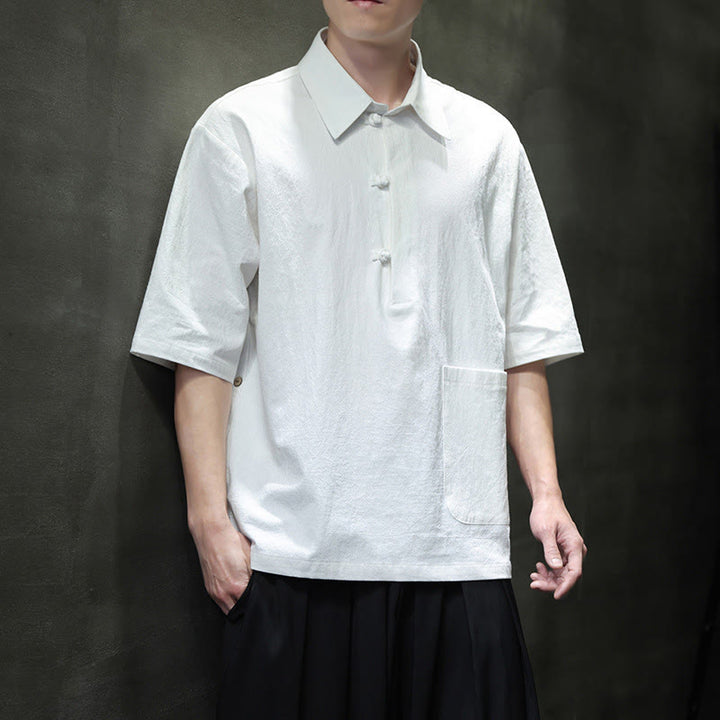 Camisa de lino y algodón de manga corta con bolsillo y diseño de media manga con botones para hombre de Buddha Stones Commute - image 3