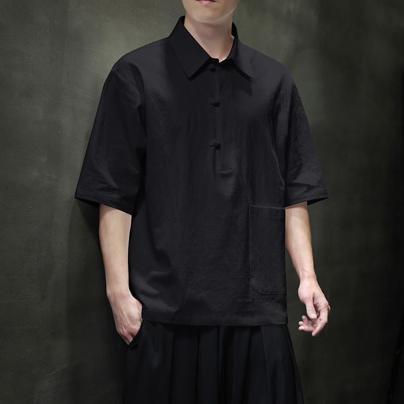 Camisa de lino y algodón de manga corta con bolsillo y diseño de media manga con botones para hombre de Buddha Stones Commute - Negro - US/UK/AU46, EU56 (5XL) - image 12