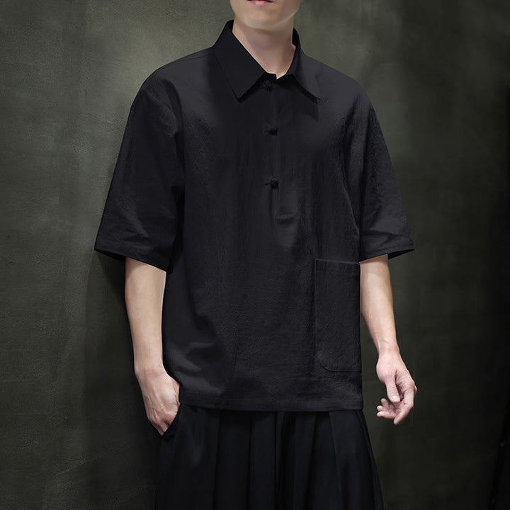 Camisa de lino y algodón de manga corta con bolsillo y diseño de media manga con botones para hombre de Buddha Stones Commute - Negro - US/UK/AU46, EU56 (5XL) - image 12