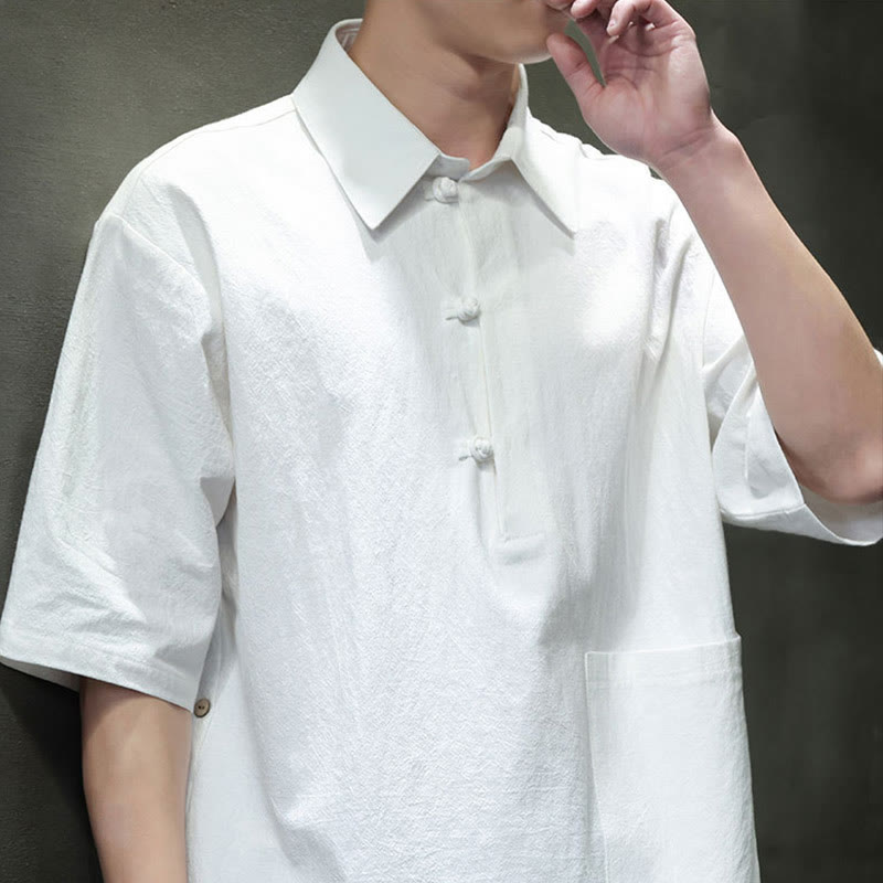Camisa de lino y algodón de manga corta con bolsillo y diseño de media manga con botones para hombre de Buddha Stones Commute - image 6