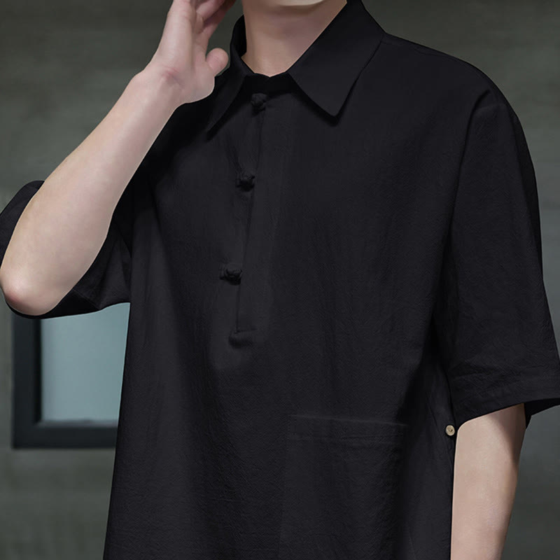 Camisa de lino y algodón de manga corta con bolsillo y diseño de media manga con botones para hombre de Buddha Stones Commute - image 15