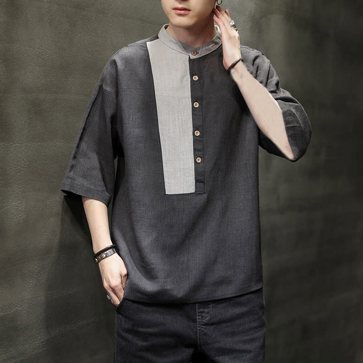 Camisa de lino y algodón de media manga para hombre, diseño a juego de colores y botones de verano con Buddha Stones