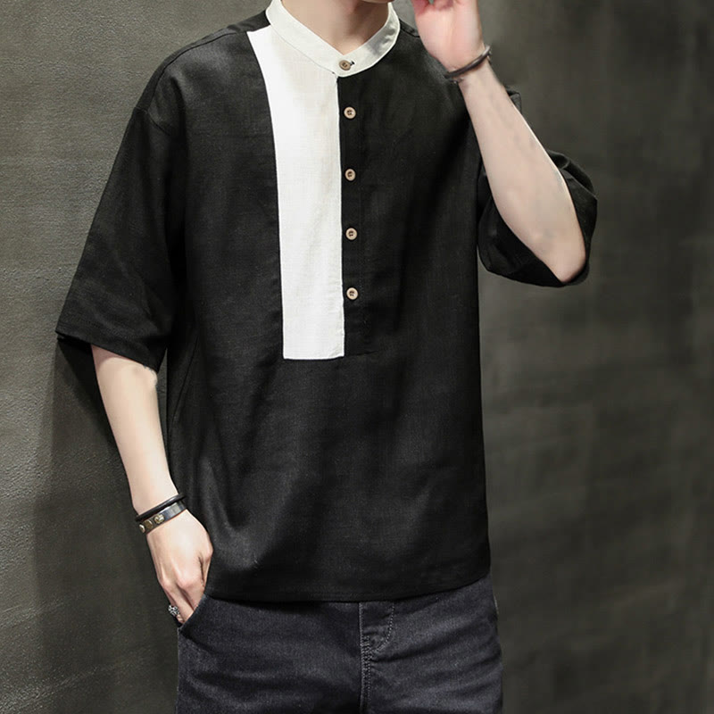 Camisa de lino y algodón de media manga para hombre, diseño a juego de colores y botones de verano con Buddha Stones