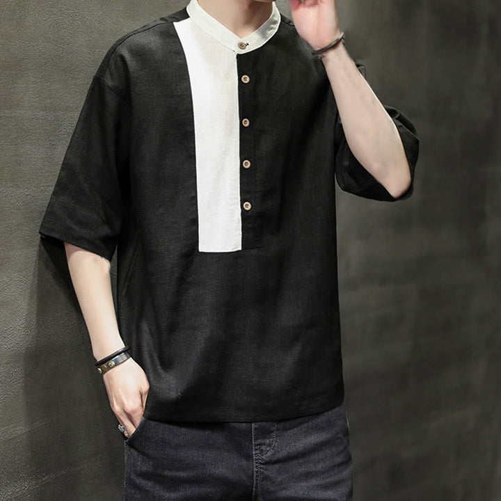 Camisa de lino y algodón de media manga para hombre, diseño a juego de colores y botones de verano con Buddha Stones
