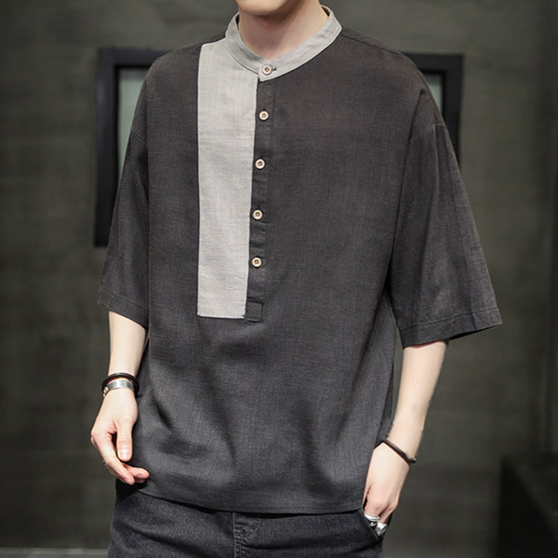 Camisa de lino y algodón de media manga para hombre, diseño a juego de colores y botones de verano con Buddha Stones