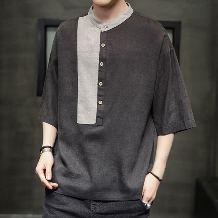 Camisa de lino y algodón de media manga para hombre, diseño a juego de colores y botones de verano con Buddha Stones