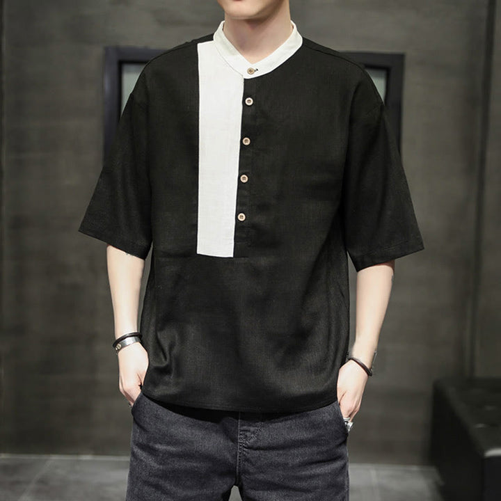 Camisa de lino y algodón de media manga para hombre, diseño a juego de colores y botones de verano con Buddha Stones