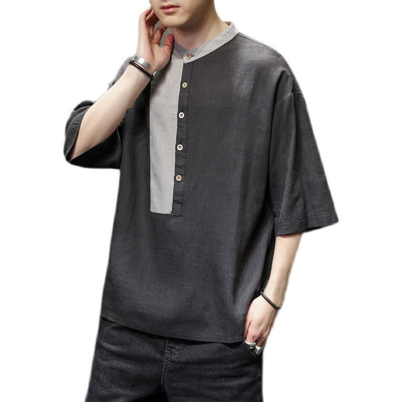Camisa de lino y algodón de media manga para hombre, diseño a juego de colores y botones de verano con Buddha Stones
